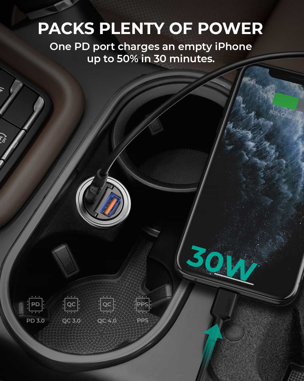 Alimentator Smartphone auto Aukey, CC-A3, 30W, fast charge, alimentare bricheta, 1 x USB-C, 1 x USB-A, negru, "LLTSN1017990" - 608119202393