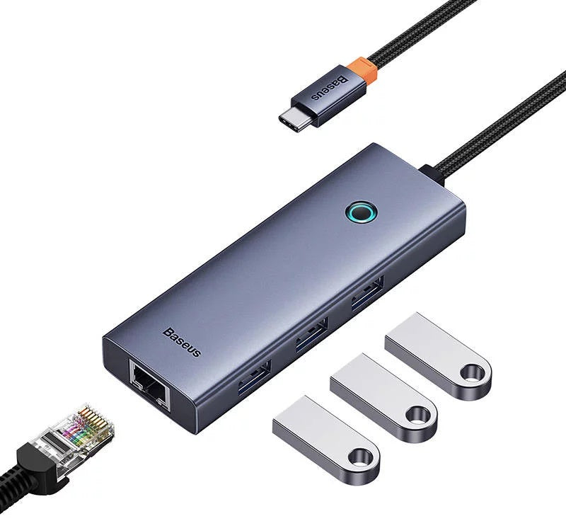 DOCKING STATION Baseus UltraJoy 4 in 1, input USB Type-C, output 3 x USB 3.0 / 1 x LAN RJ45, gri "B0005280A813-00" - 6932172630799