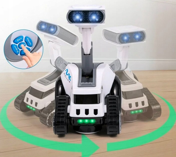 Robot rover interactiv pentru copii cu muzica, lumini, dans si invatare engleza, 19x16x11 cm, alb