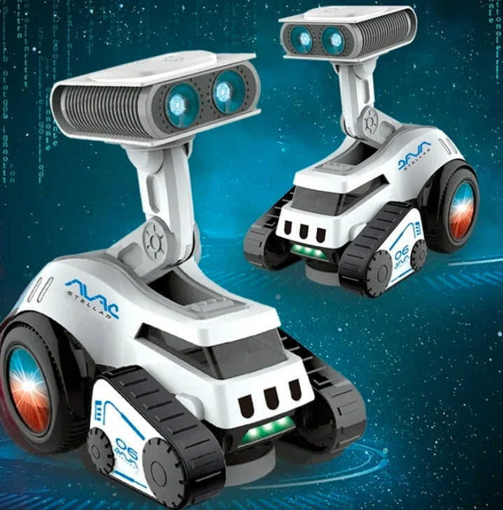 Robot rover interactiv pentru copii cu muzica, lumini, dans si invatare engleza, 19x16x11 cm, alb