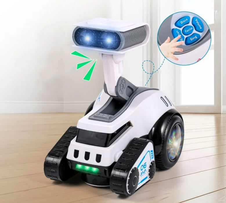 Robot rover interactiv pentru copii cu muzica, lumini, dans si invatare engleza, 19x16x11 cm, alb