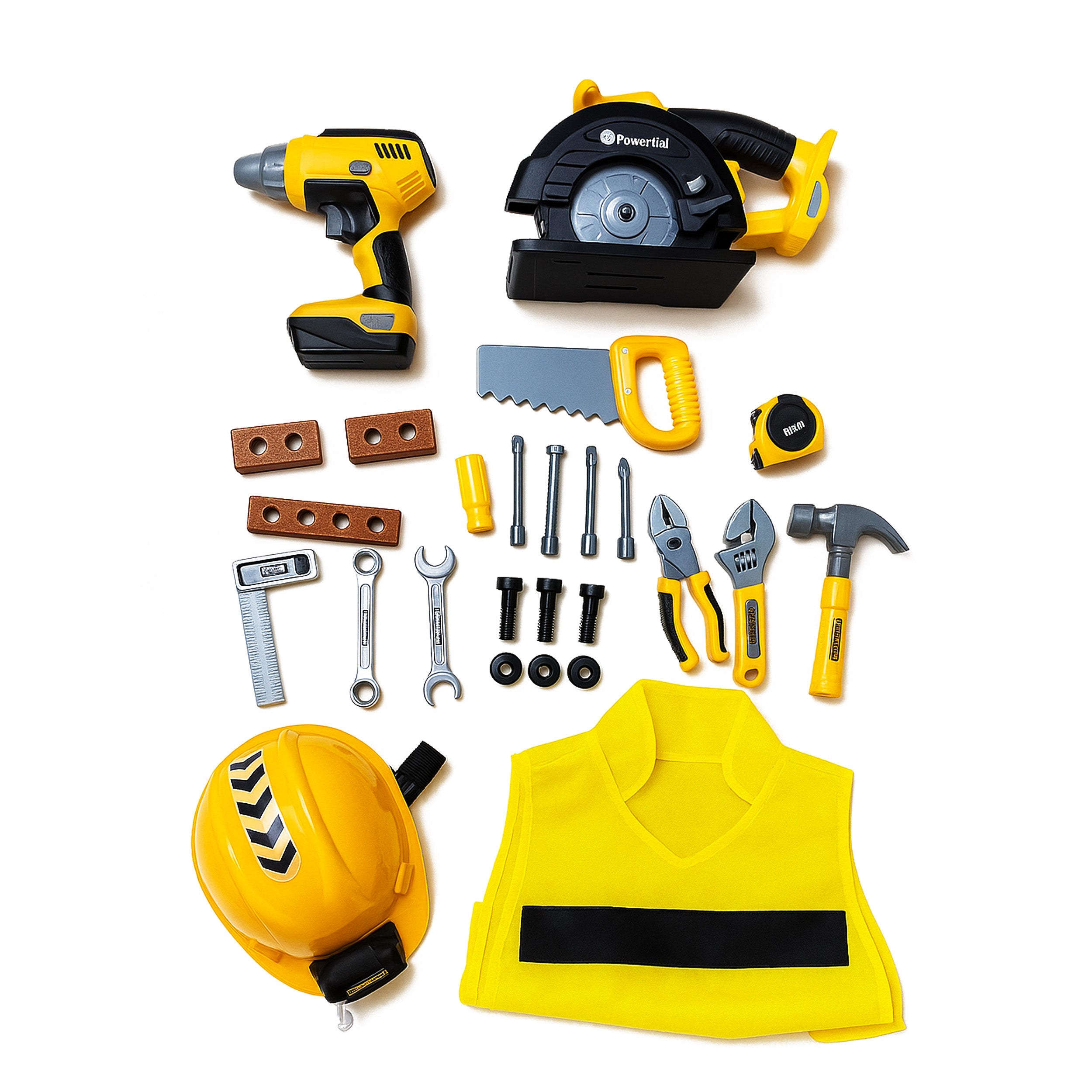 Set unelte pentru copii cu bormasina, fierastrau, casca luminata si vesta de constructor, 29x27x21 cm