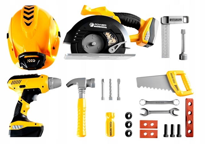 Set unelte pentru copii cu bormasina, fierastrau, casca luminata si vesta de constructor, 29x27x21 cm - 13