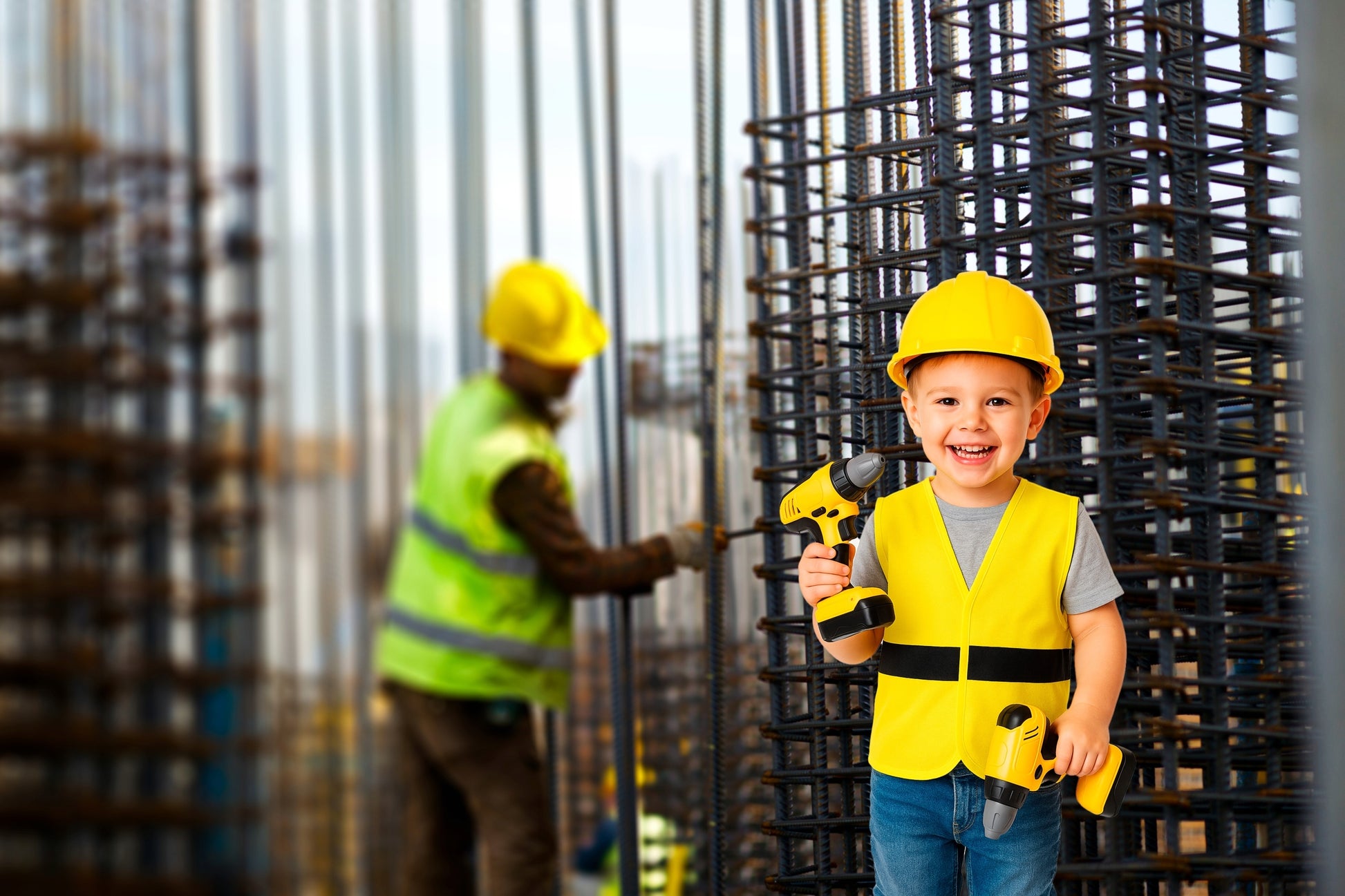 Set unelte pentru copii cu bormasina, fierastrau, casca luminata si vesta de constructor, 29x27x21 cm - 15