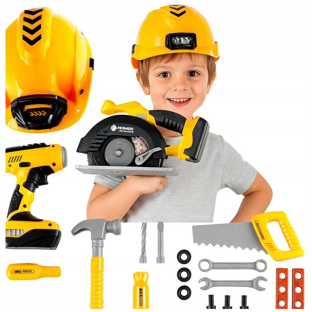 Set unelte pentru copii cu bormasina, fierastrau, casca luminata si vesta de constructor, 29x27x21 cm - 2