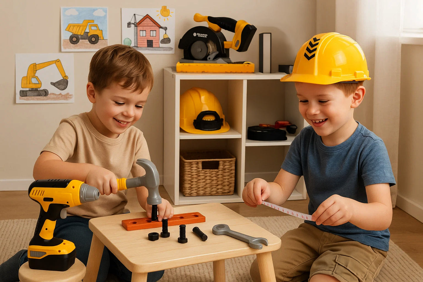 Set unelte pentru copii cu bormasina, fierastrau, casca luminata si vesta de constructor, 29x27x21 cm - 9