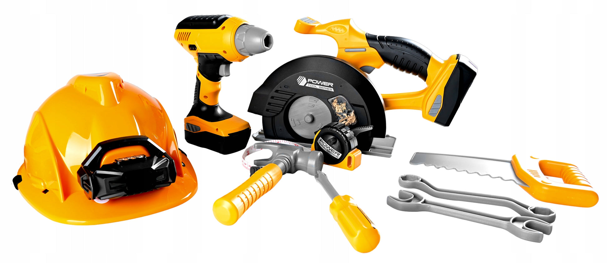 Set unelte pentru copii cu bormasina, fierastrau, casca luminata si vesta de constructor, 29x27x21 cm - 12