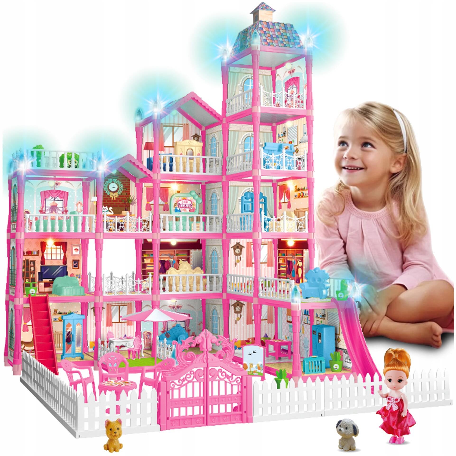 Casa de papusi pentru copii cu 374 piese, animale, mobilier si accesorii, 80x60x50 cm, roz