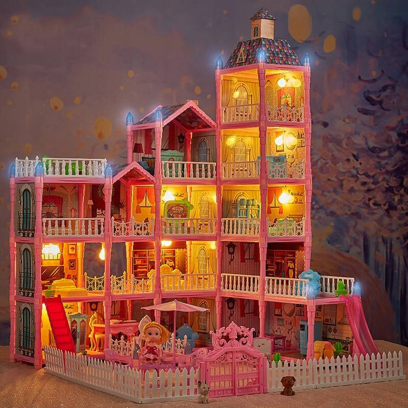 Casa de papusi pentru copii cu 374 piese, animale, mobilier si accesorii, 80x60x50 cm, roz
