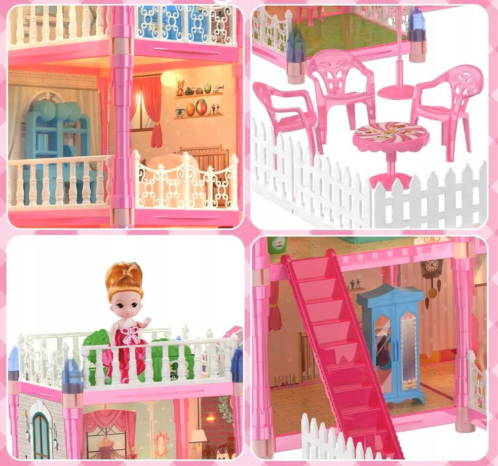 Casa de papusi pentru copii cu 374 piese, animale, mobilier si accesorii, 80x60x50 cm, roz