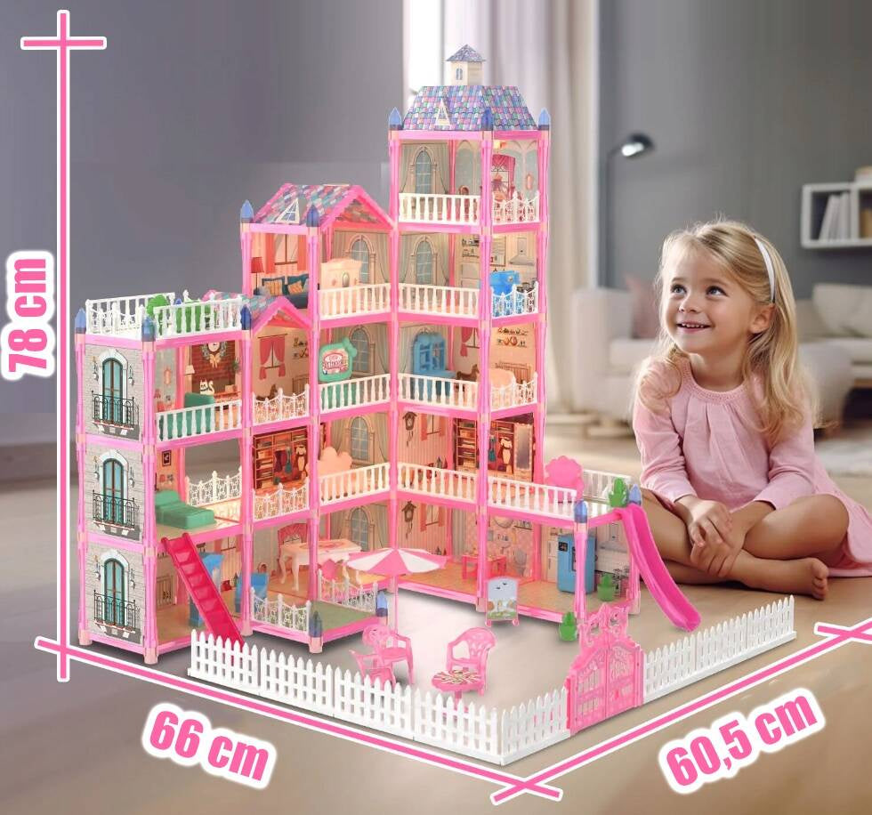 Casa de papusi pentru copii cu 374 piese, animale, mobilier si accesorii, 80x60x50 cm, roz