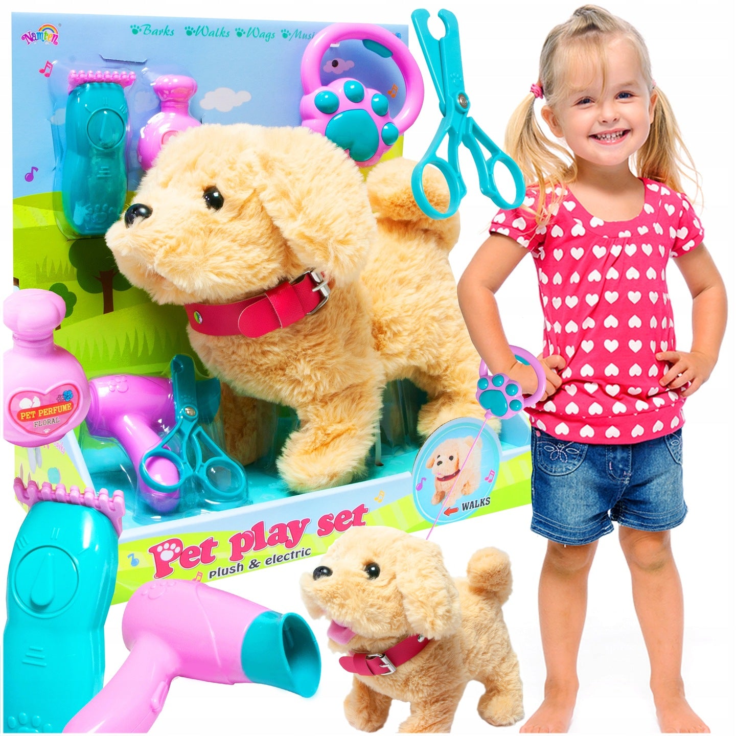 Catel interactiv pentru copii cu sunete, mers, melodii, lesa si accesorii de ingrijire, 23x12x21 cm, bej - 5