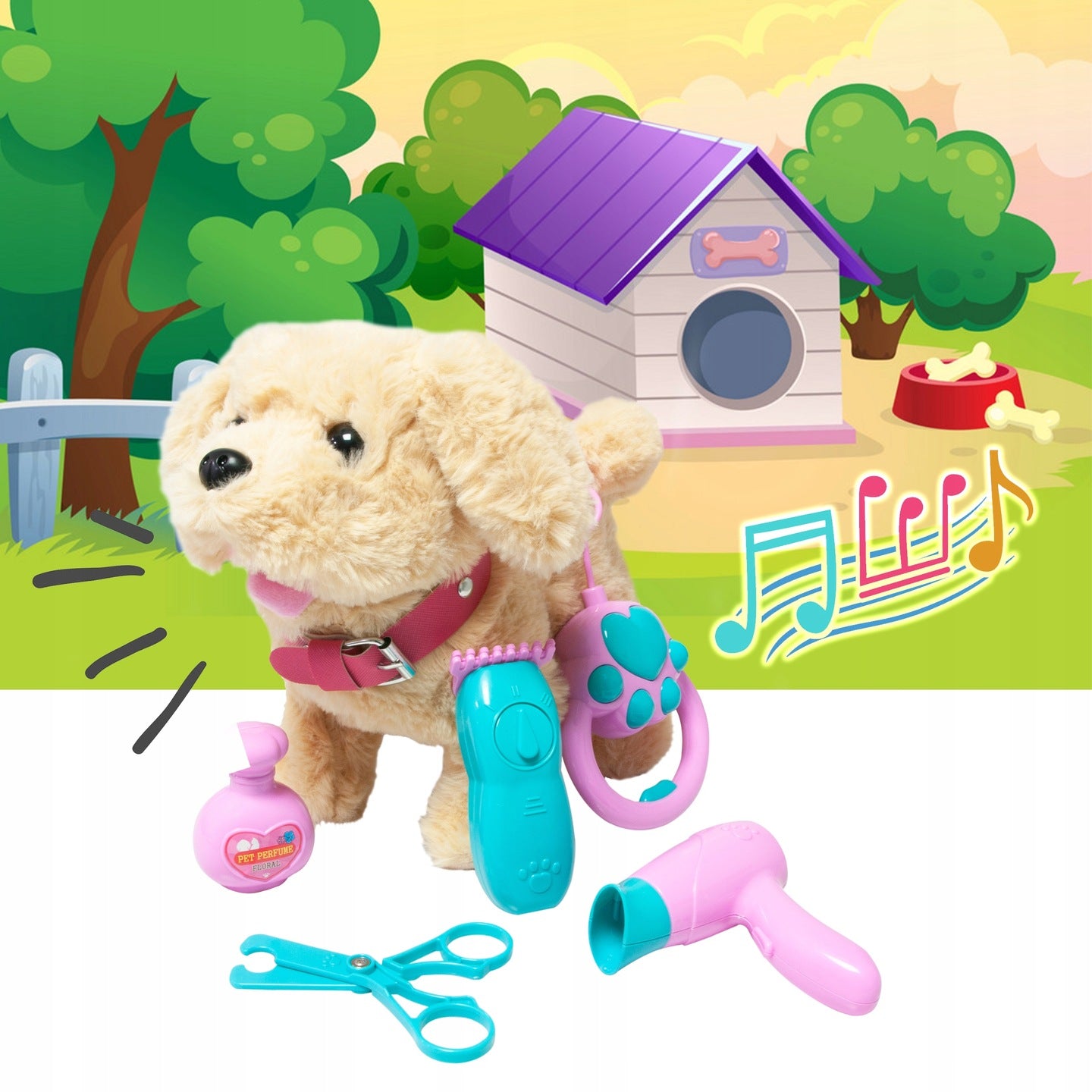 Catel interactiv pentru copii cu sunete, mers, melodii, lesa si accesorii de ingrijire, 23x12x21 cm, bej - 7