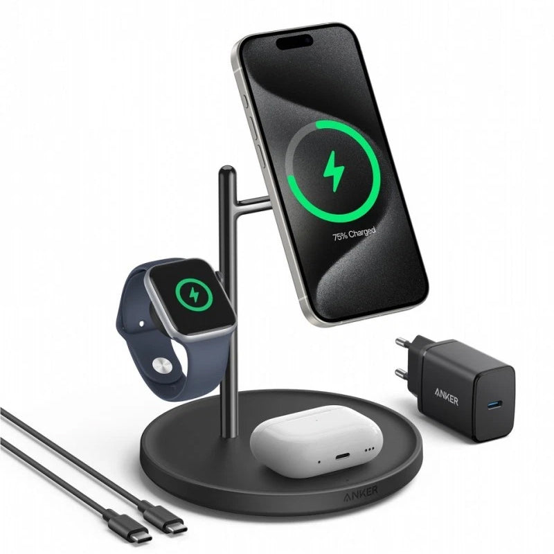 Stand incarcare wireless Anker, MagGo 3-in-1, 15W, fast charge, compatibl Apple, 1 x USB-C incarcare, negru, "B25M3312" - 0194644077273