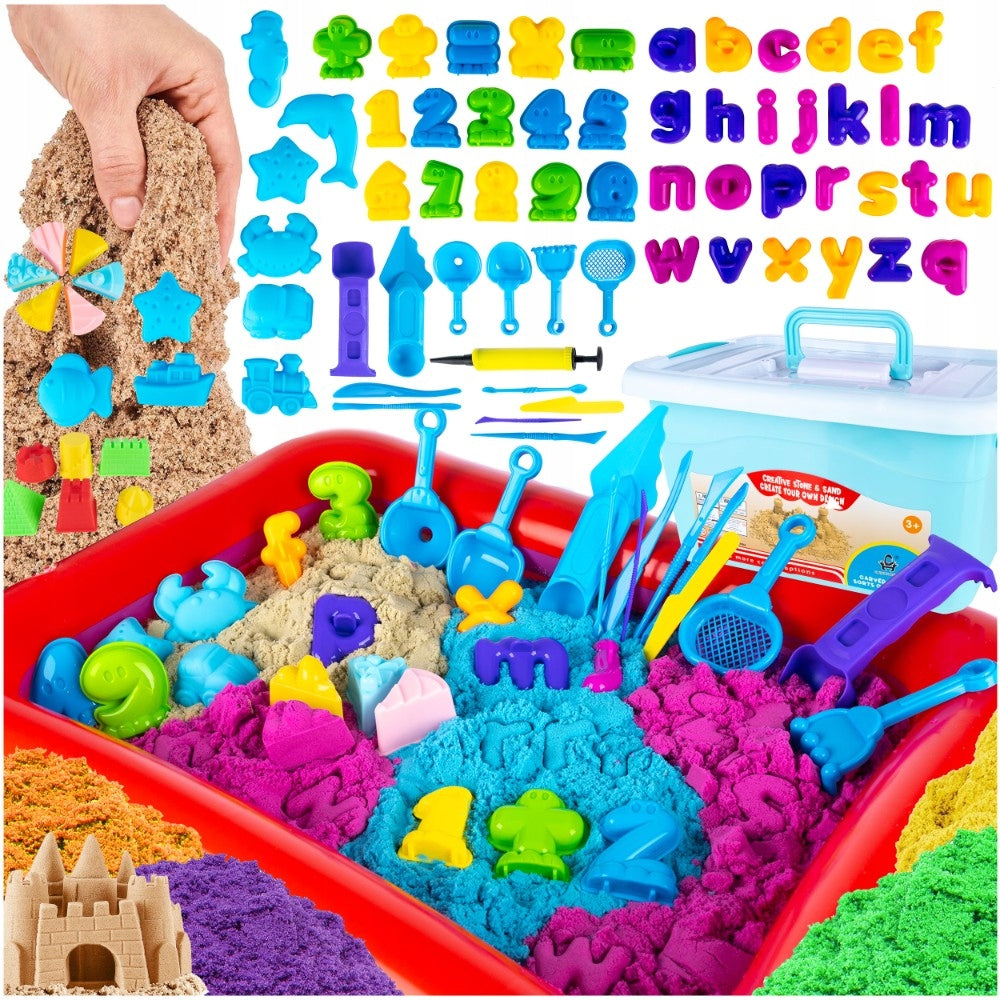 Set nisip kinetic XXL pentru copii cu 4.5kg nisip colorat, 75 forme, tavita gonflabila 55x41x7 cm