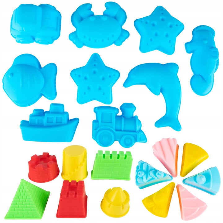 Set nisip kinetic XXL pentru copii cu 4.5kg nisip colorat, 75 forme, tavita gonflabila 55x41x7 cm