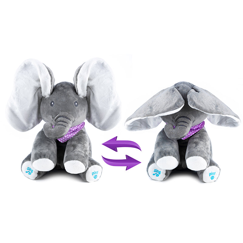 Jucarie plus interactiva elefant pentru copii, canta, misca urechile, joc cucu-bau, 30x30x25 cm, gri - 3