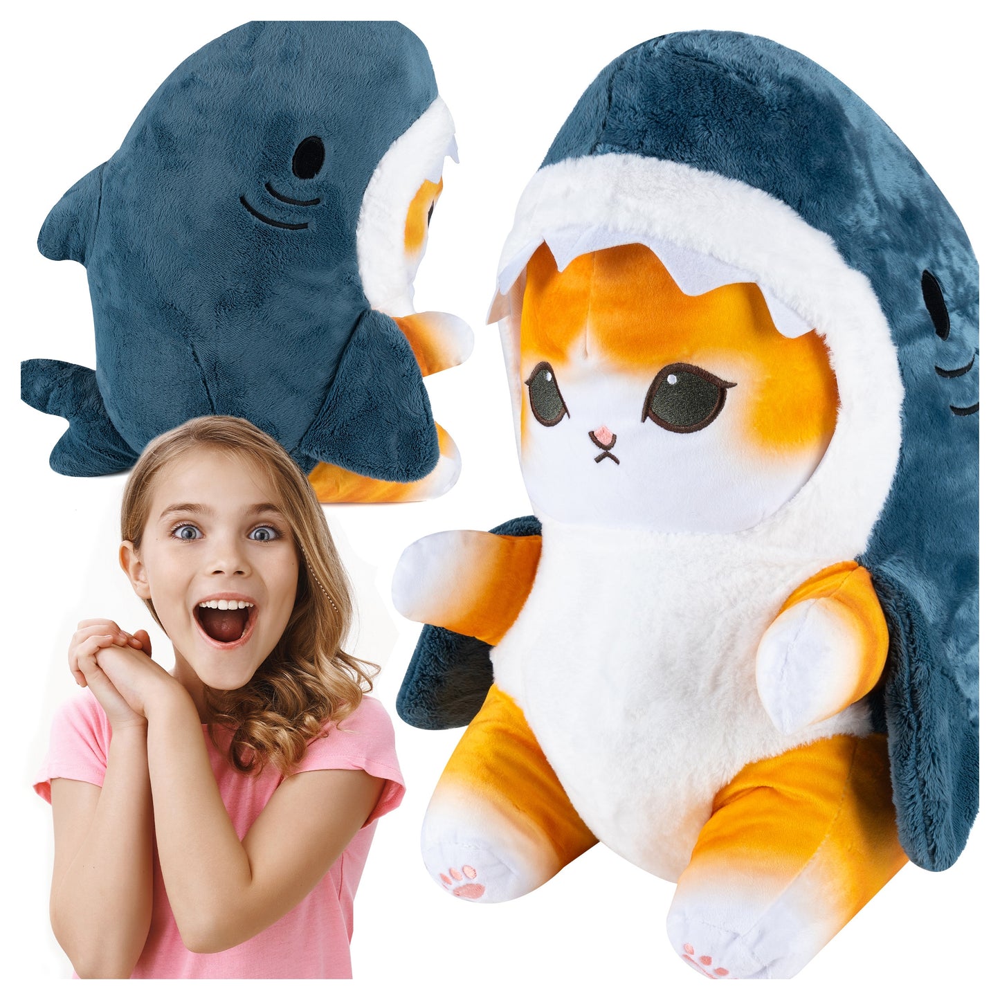 Perna plusata pentru copii, model pisica-rechin, poliester, 55x30 cm, gri - 2