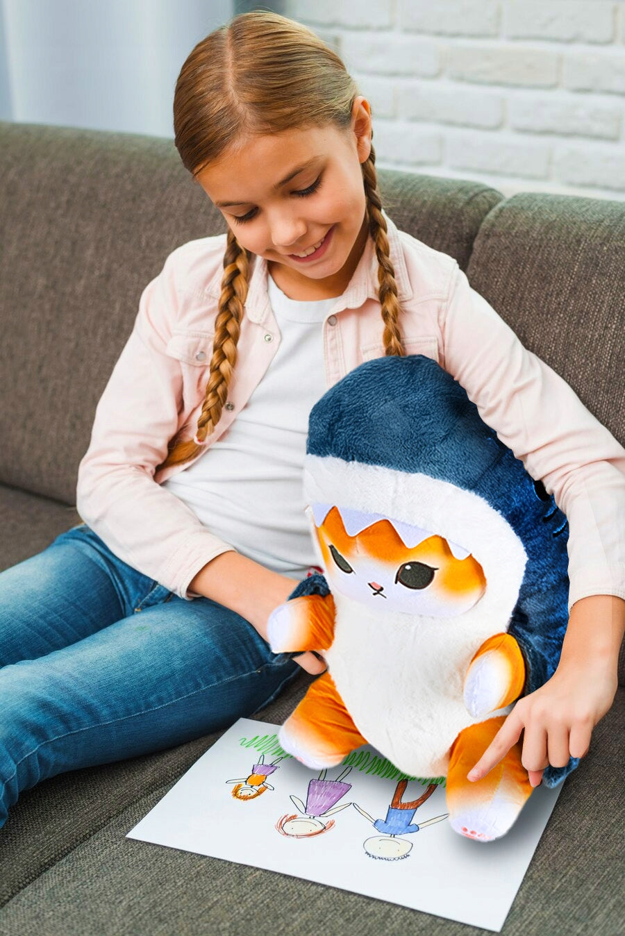 Perna plusata pentru copii, model pisica-rechin, poliester, 55x30 cm, gri - 3