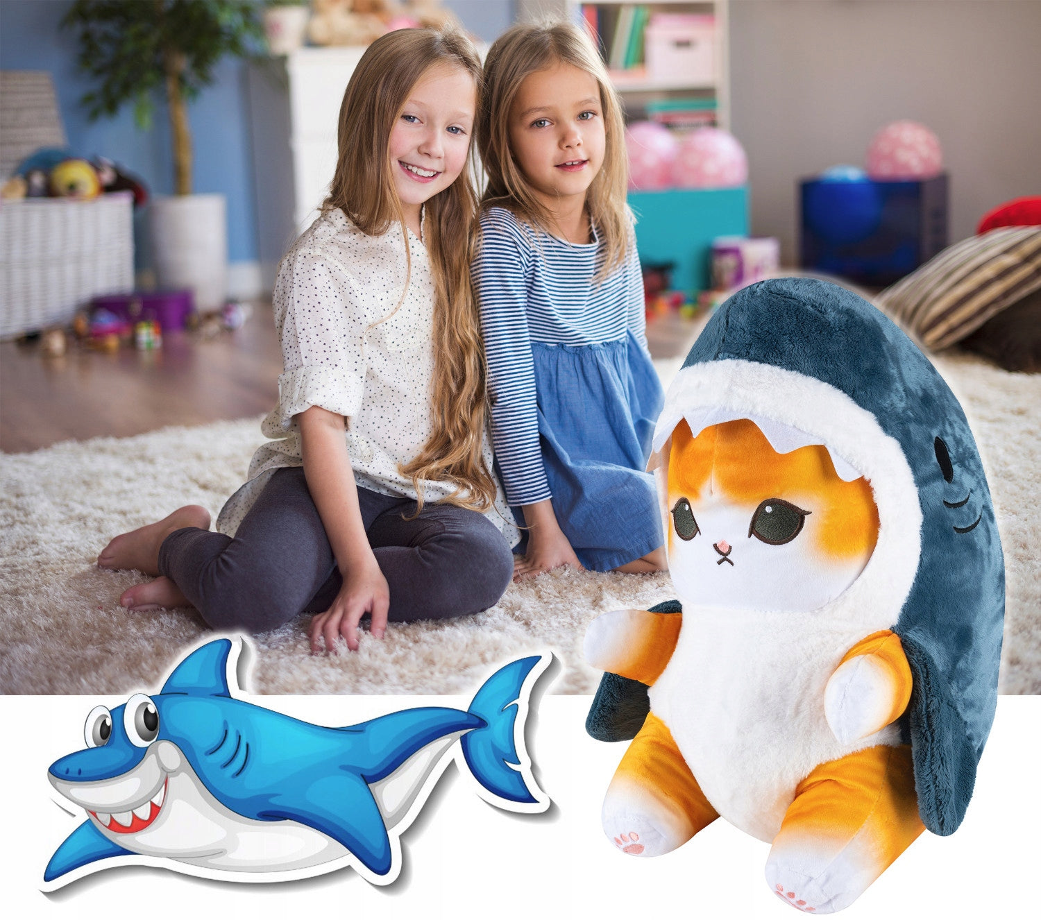 Perna plusata pentru copii, model pisica-rechin, poliester, 55x30 cm, gri - 8