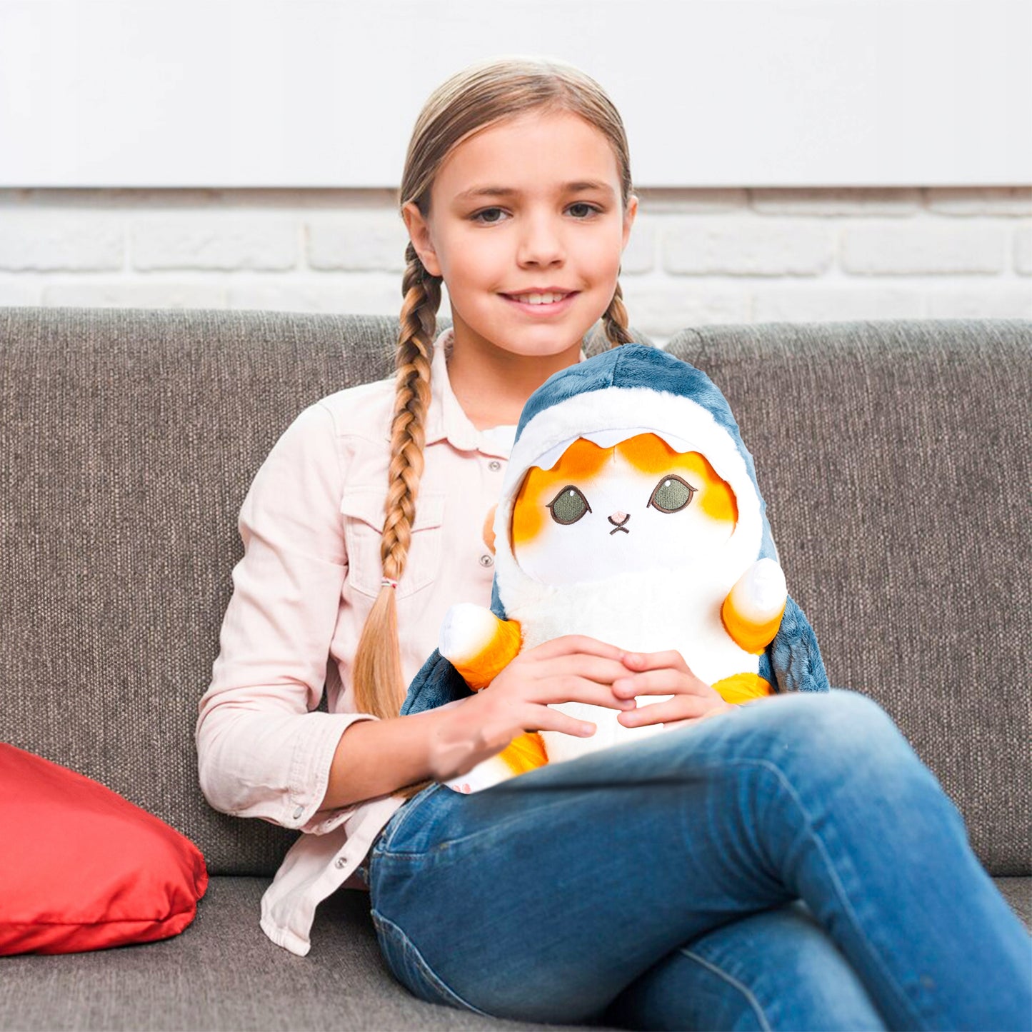 Perna plusata pentru copii, model pisica-rechin, poliester, 55x30 cm, gri - 9