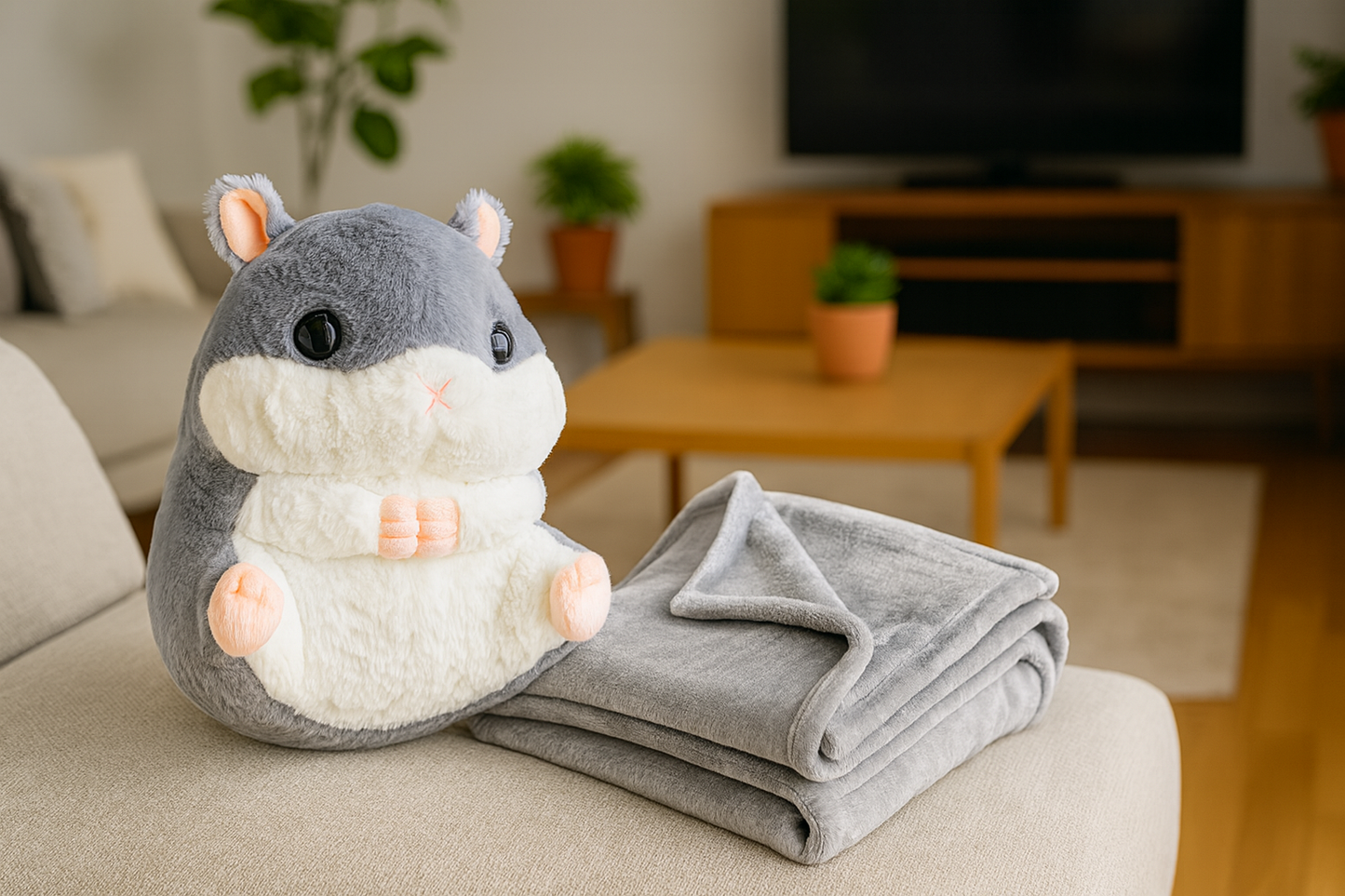 Jucarie plus hamster cu paturica ascunsa, plus moale pentru copii, 50x28 cm, gri - 2