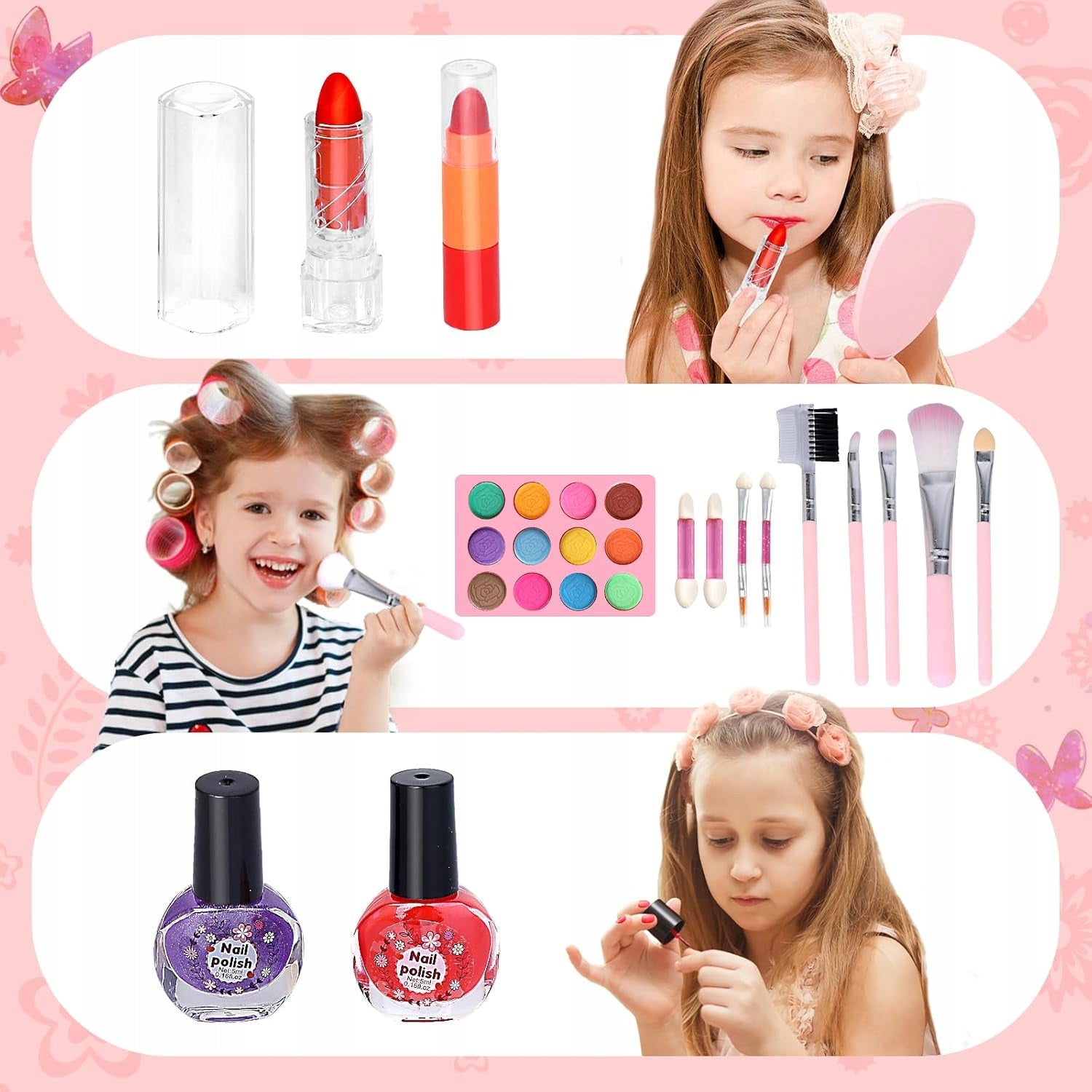 Trusa de machiaj pentru copii cu 3 niveluri, accesorii make-up si unghii, 17x12x14 cm, roz