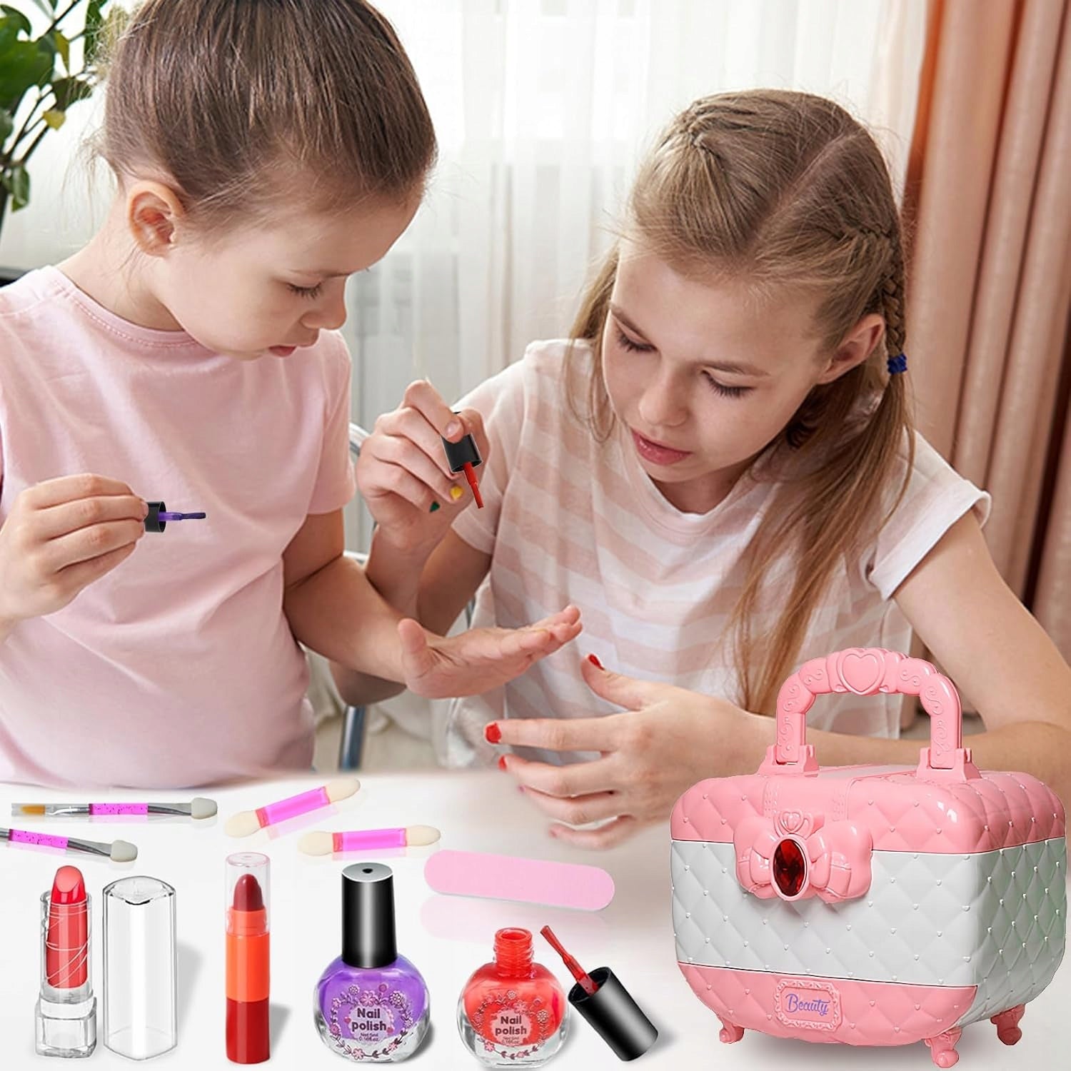 Trusa de machiaj pentru copii cu 3 niveluri, accesorii make-up si unghii, 17x12x14 cm, roz