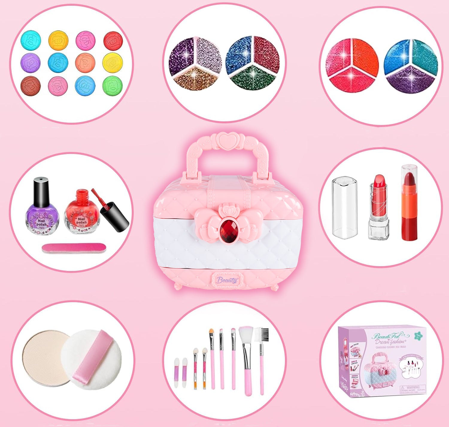 Trusa de machiaj pentru copii cu 3 niveluri, accesorii make-up si unghii, 17x12x14 cm, roz