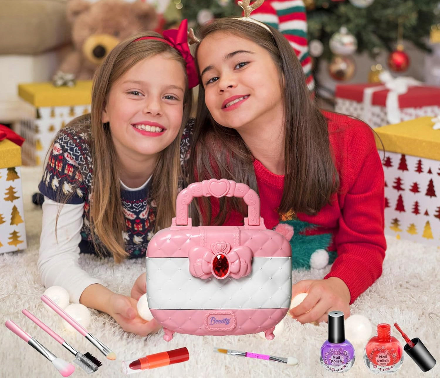 Trusa de machiaj pentru copii cu 3 niveluri, accesorii make-up si unghii, 17x12x14 cm, roz