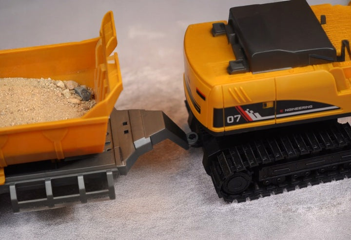 Set utilaje construction RC cu excavator si basculanta, lumini si abur, telecomanda, 3 accesorii incluse