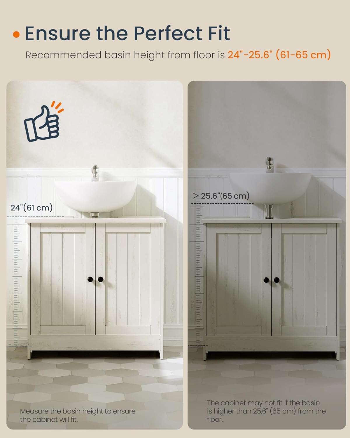SONGMICS Masca baie pentru chiuveta, suport lavoar, raft reglabil, stil rustic modern, 60x30x61 cm, alb rustic