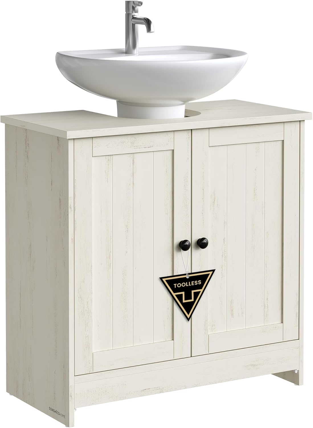 SONGMICS Masca baie pentru chiuveta, suport lavoar, raft reglabil, stil rustic modern, 60x30x61 cm, alb rustic