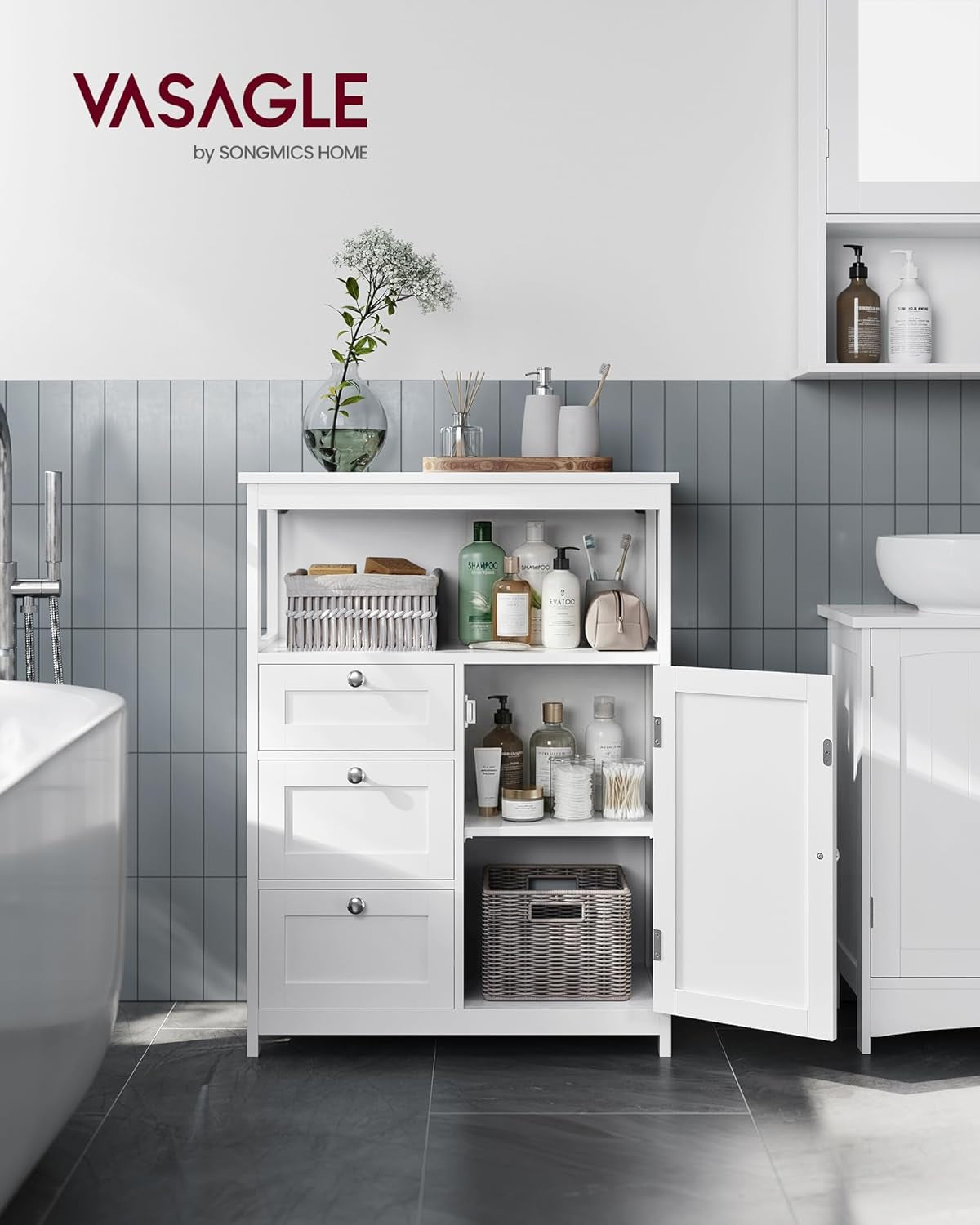 VASAGLE Dulap de baie cu 3 sertare si dulap, raft reglabil, MDF, 60x30x80 cm, alb