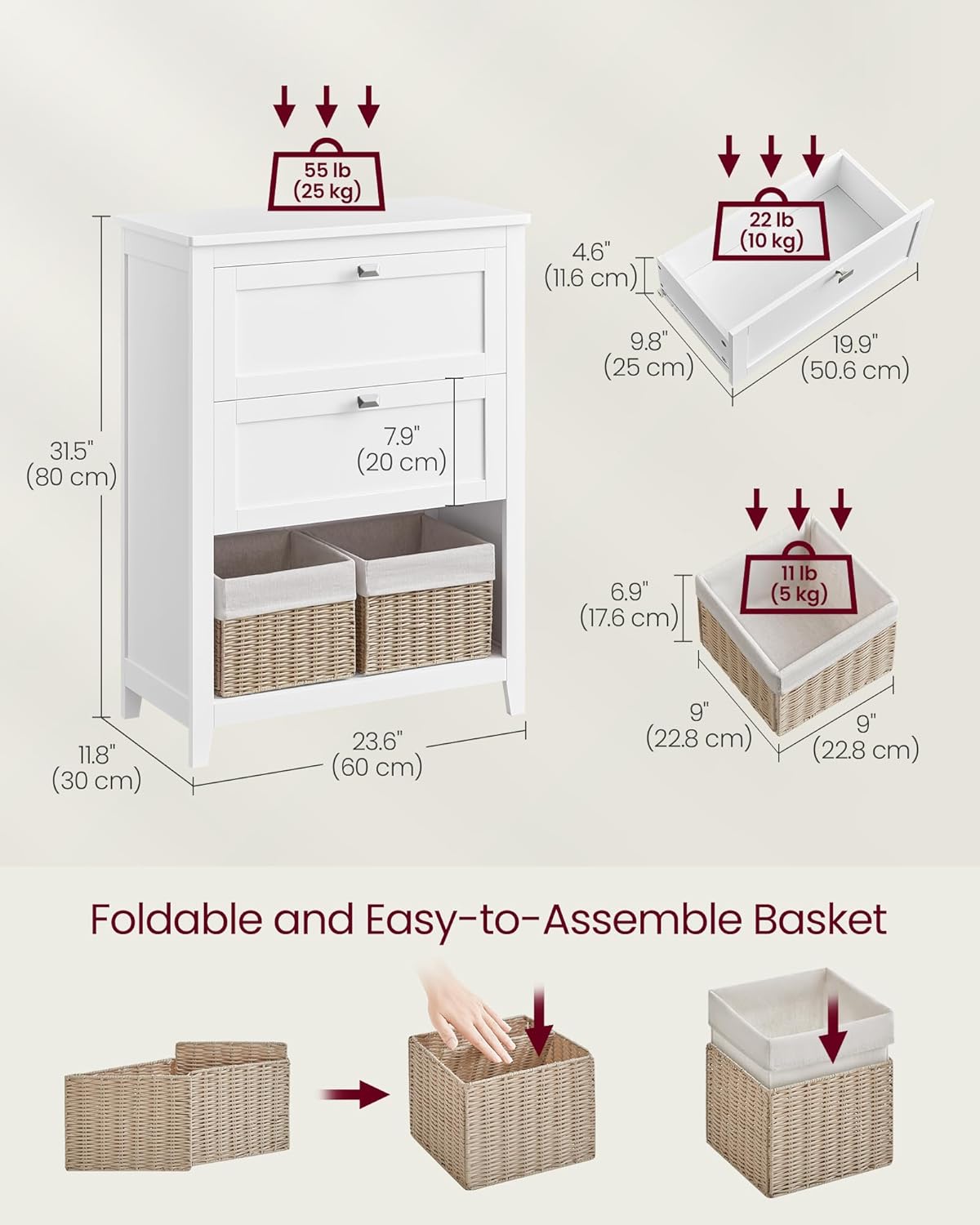 VASAGLE Dulap baie cu 2 sertare, 2 cosuri si raft, separatoare reglabile, MDF, 30x60x80 cm, alb