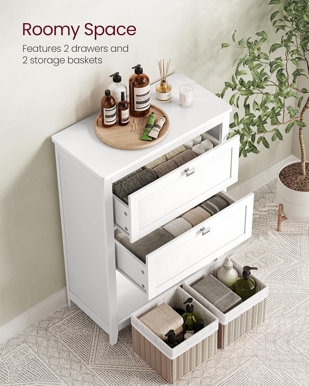 VASAGLE Dulap baie cu 2 sertare, 2 cosuri si raft, separatoare reglabile, MDF, 30x60x80 cm, alb