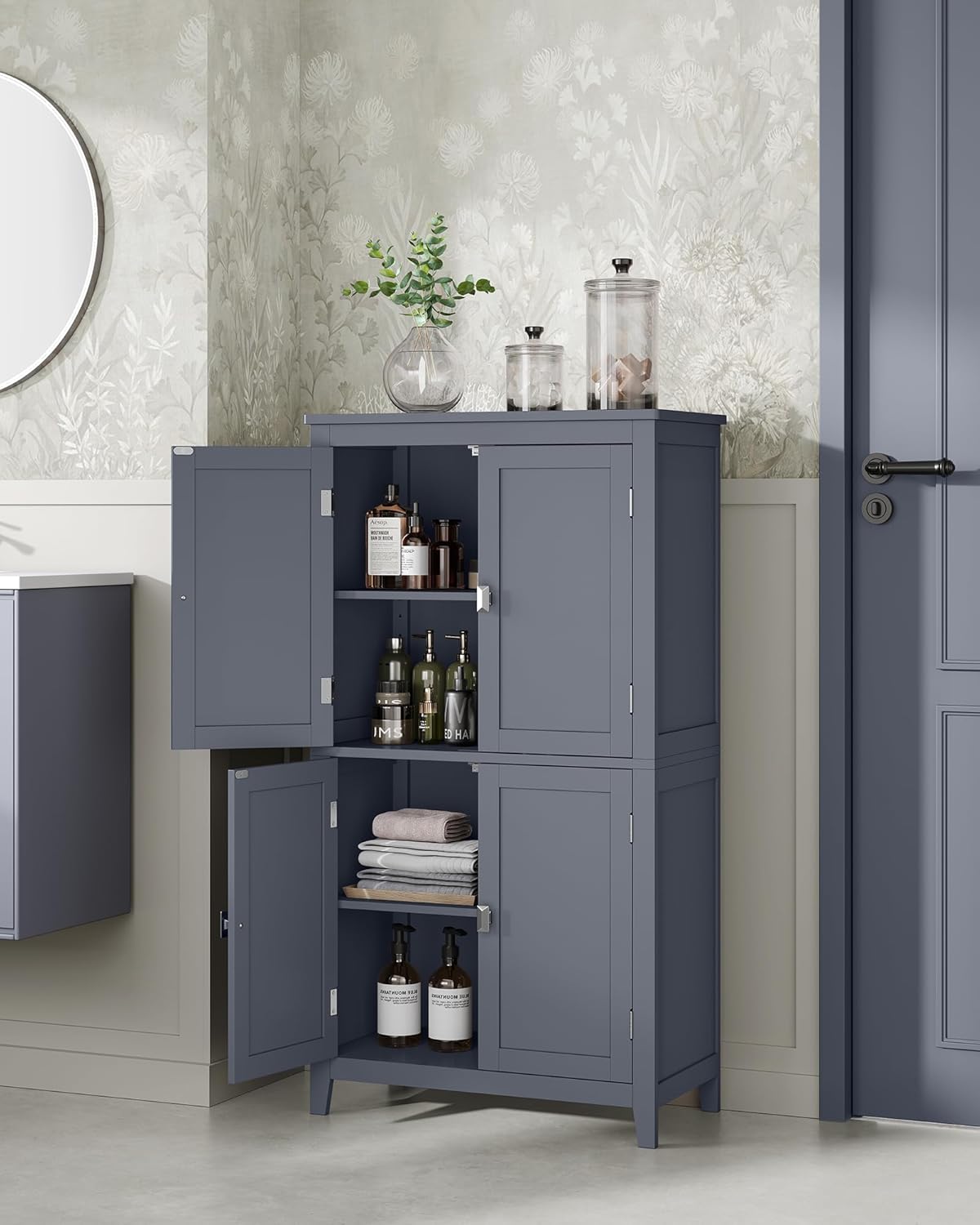 VASAGLE Dulap de baie, din MDF, cu 2 compartimente si 4 usi, rafturi reglabile, 30x60x110cm, gri inchis