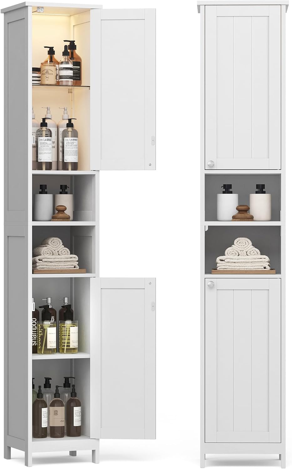 VASAGLE Dulap baie inalt si ingust cu lumina LED, rafturi reglabile, MDF lacuit, 30x30x170 cm, alb