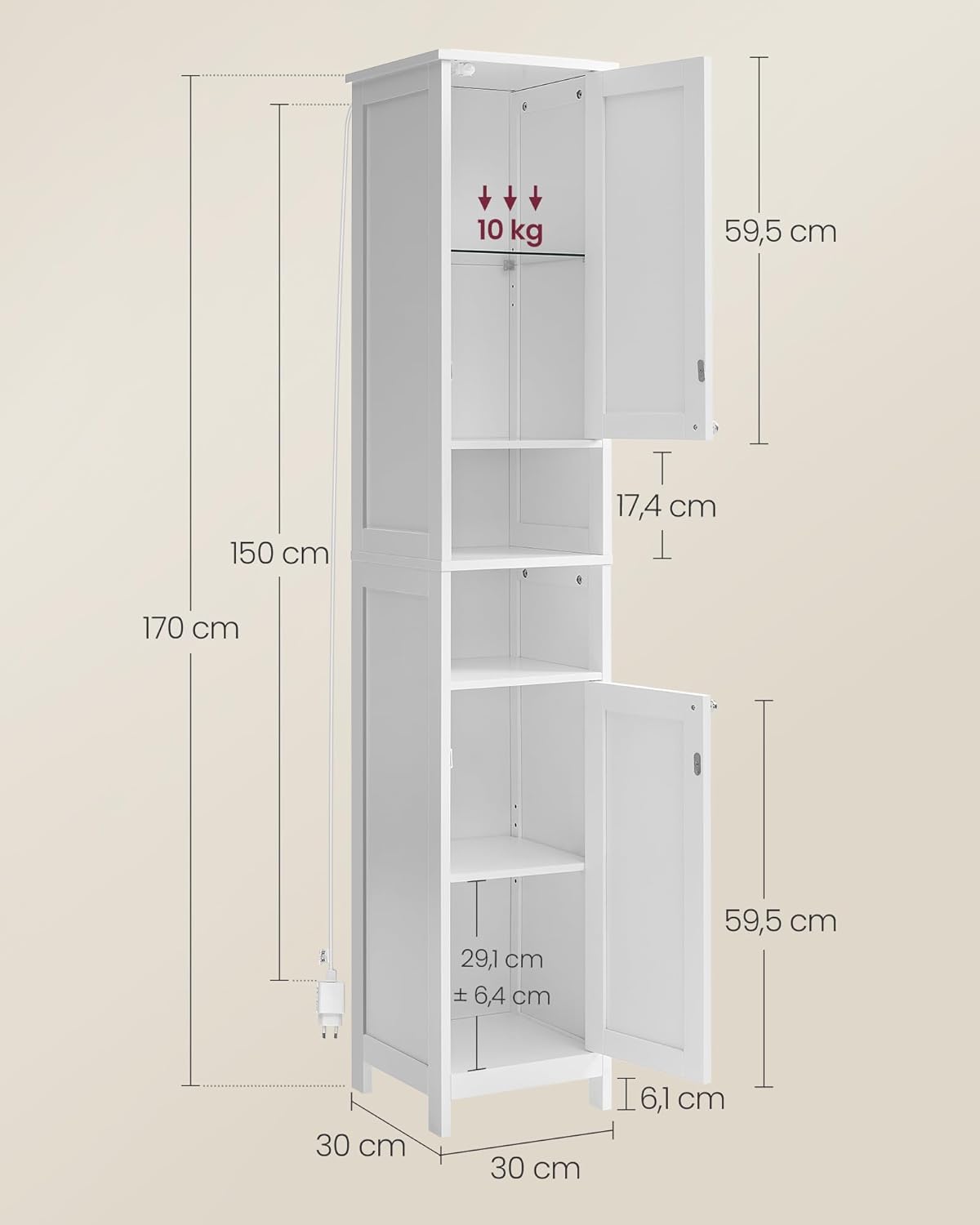 VASAGLE Dulap baie inalt si ingust cu lumina LED, rafturi reglabile, MDF lacuit, 30x30x170 cm, alb