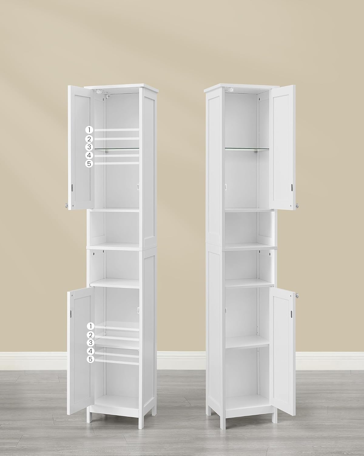 VASAGLE Dulap baie inalt si ingust cu lumina LED, rafturi reglabile, MDF lacuit, 30x30x170 cm, alb