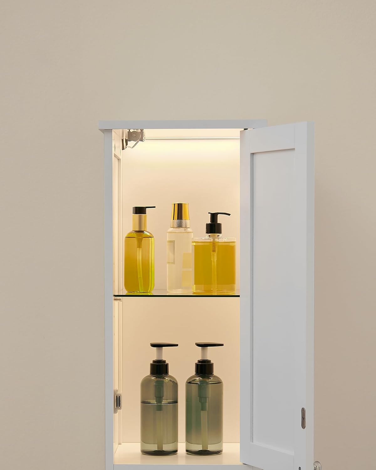 VASAGLE Dulap baie inalt si ingust cu lumina LED, rafturi reglabile, MDF lacuit, 30x30x170 cm, alb