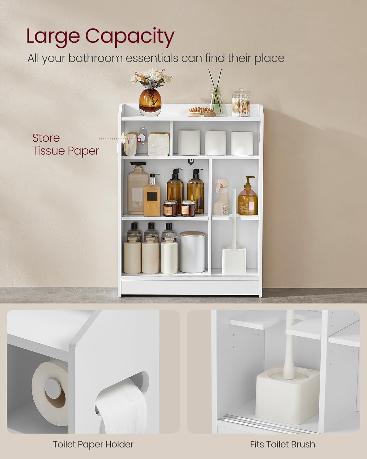 VASAGLE Dulap baie ingust, cu suport hartie igienica si compartiment perie WC, usi glisante, rafturi reglabile, 20x60x80 cm, alb