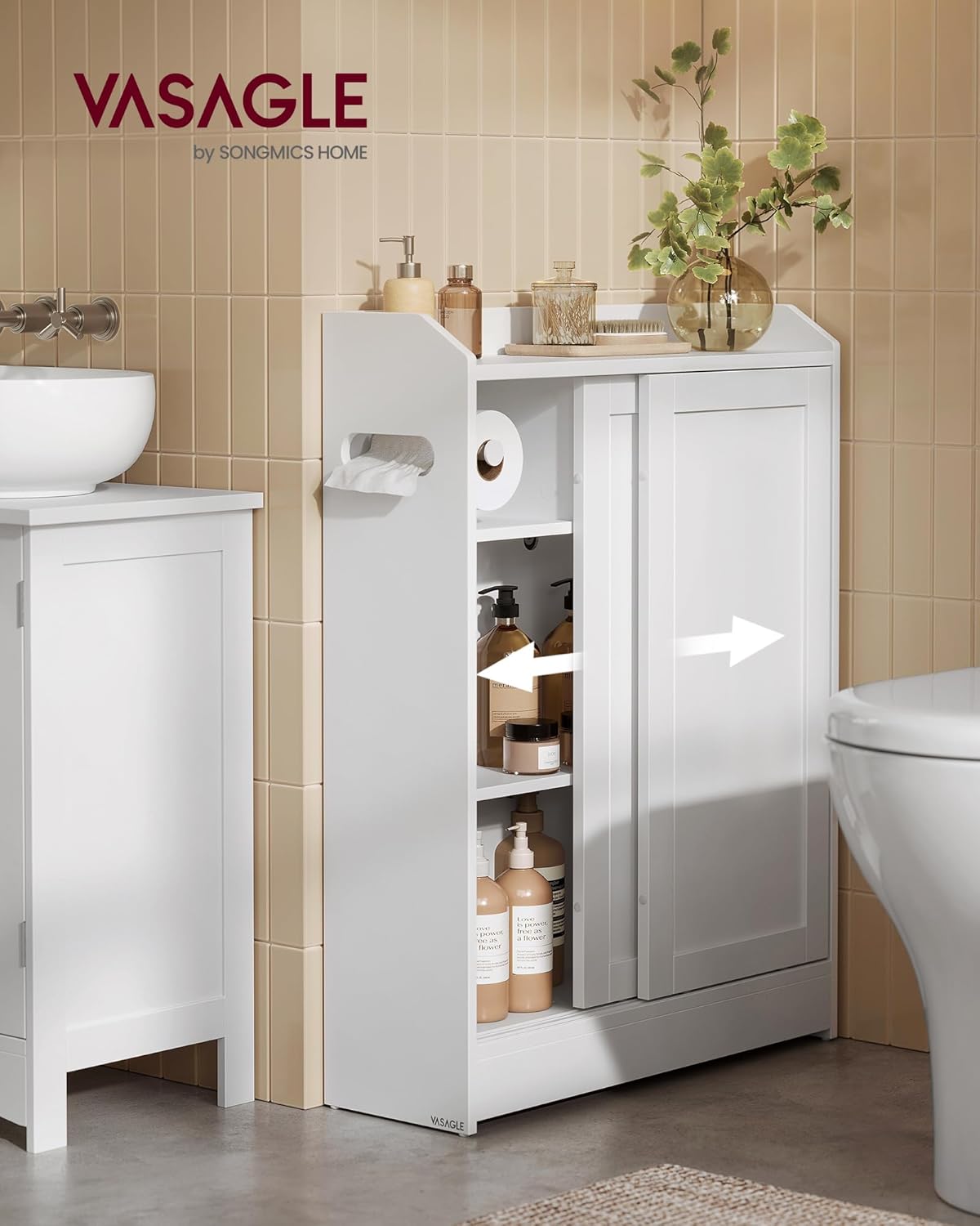 VASAGLE Dulap baie ingust, cu suport hartie igienica si compartiment perie WC, usi glisante, rafturi reglabile, 20x60x80 cm, alb