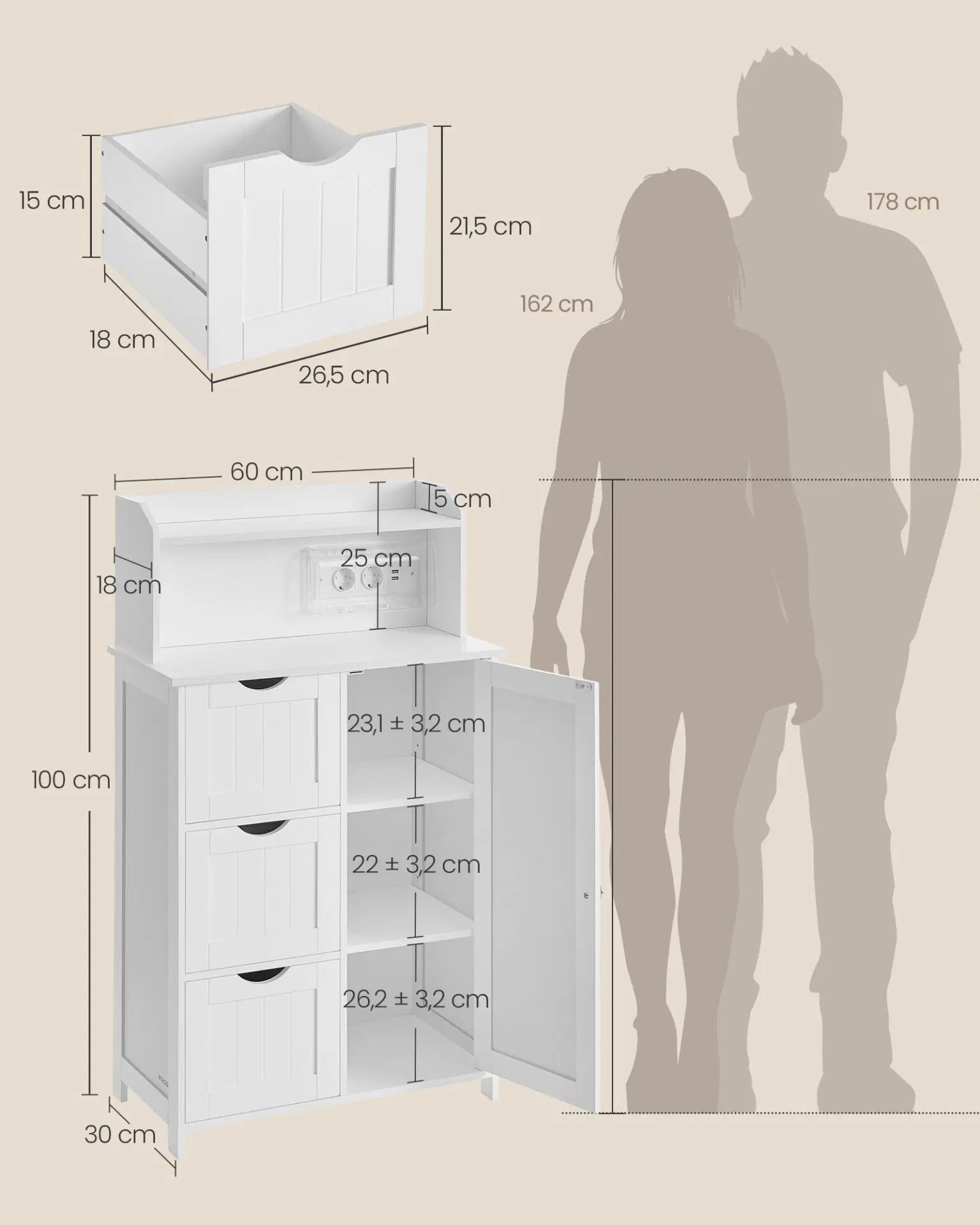 VASAGLE Dulap de baie cu sertare si usa, priza integrata cu USB, rafturi reglabile, MDF, 30x60x100 cm, alb