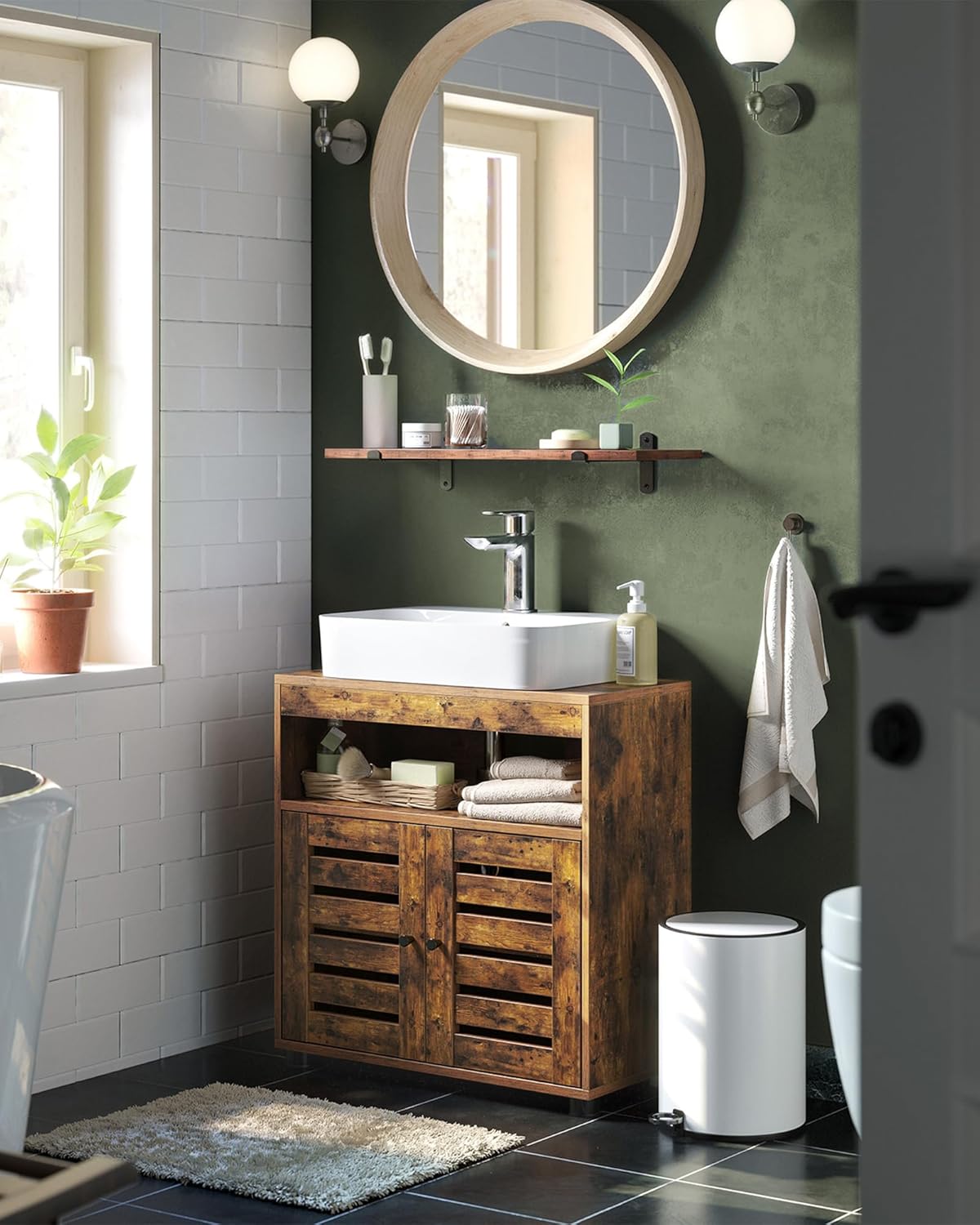 VASAGLE Dulap baie lavoar cu 2 usi tip jaluzea, raft reglabil, 60x30x63 cm, maro rustic