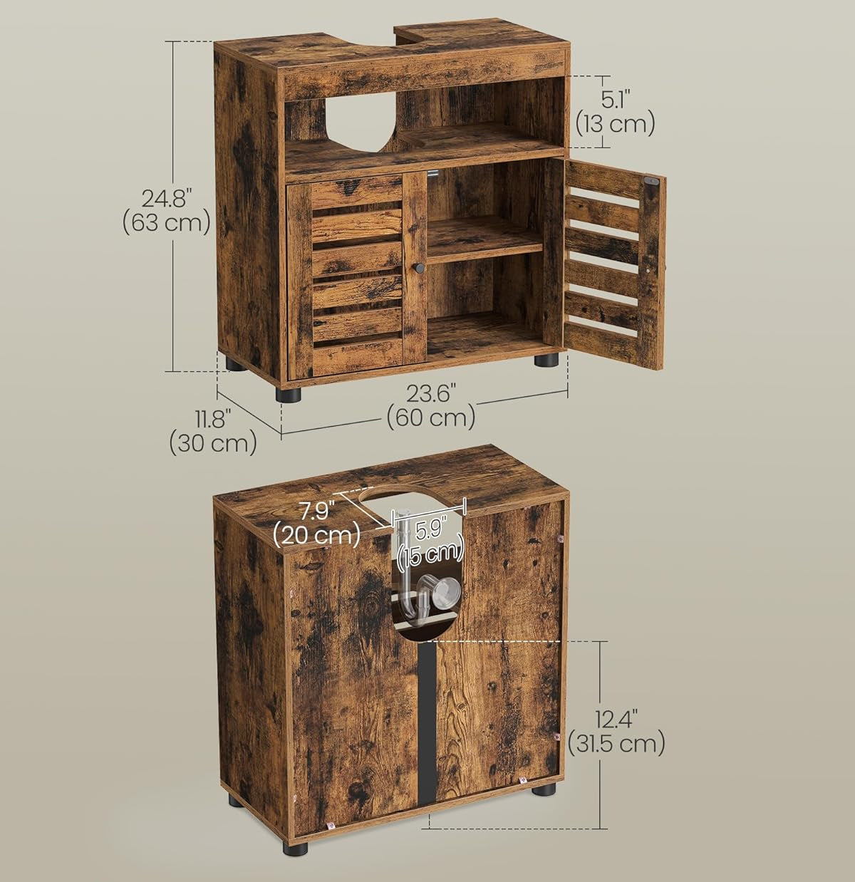 VASAGLE Dulap baie lavoar cu 2 usi tip jaluzea, raft reglabil, 60x30x63 cm, maro rustic