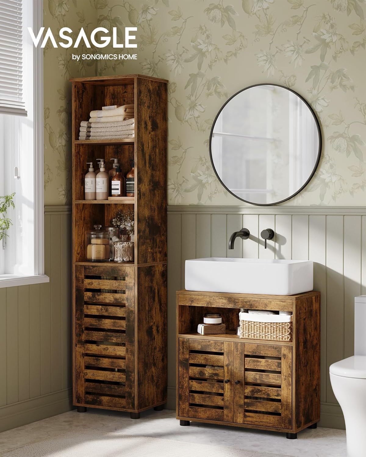 VASAGLE Dulap baie lavoar cu 2 usi tip jaluzea, raft reglabil, 60x30x63 cm, maro rustic