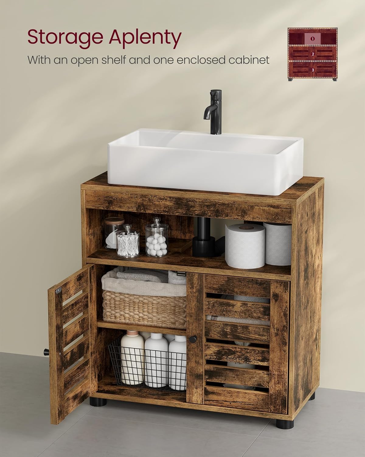 VASAGLE Dulap baie lavoar cu 2 usi tip jaluzea, raft reglabil, 60x30x63 cm, maro rustic