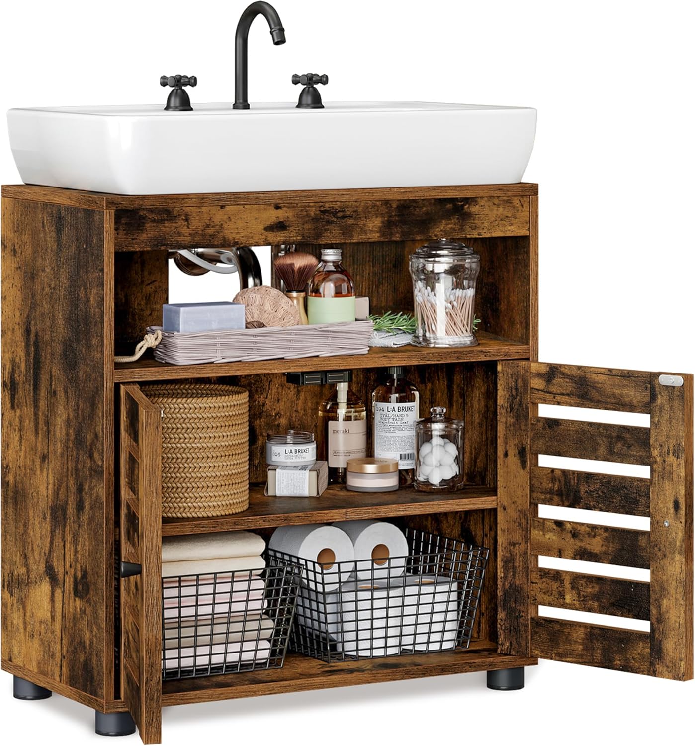 VASAGLE Dulap baie lavoar cu 2 usi tip jaluzea, raft reglabil, 60x30x63 cm, maro rustic