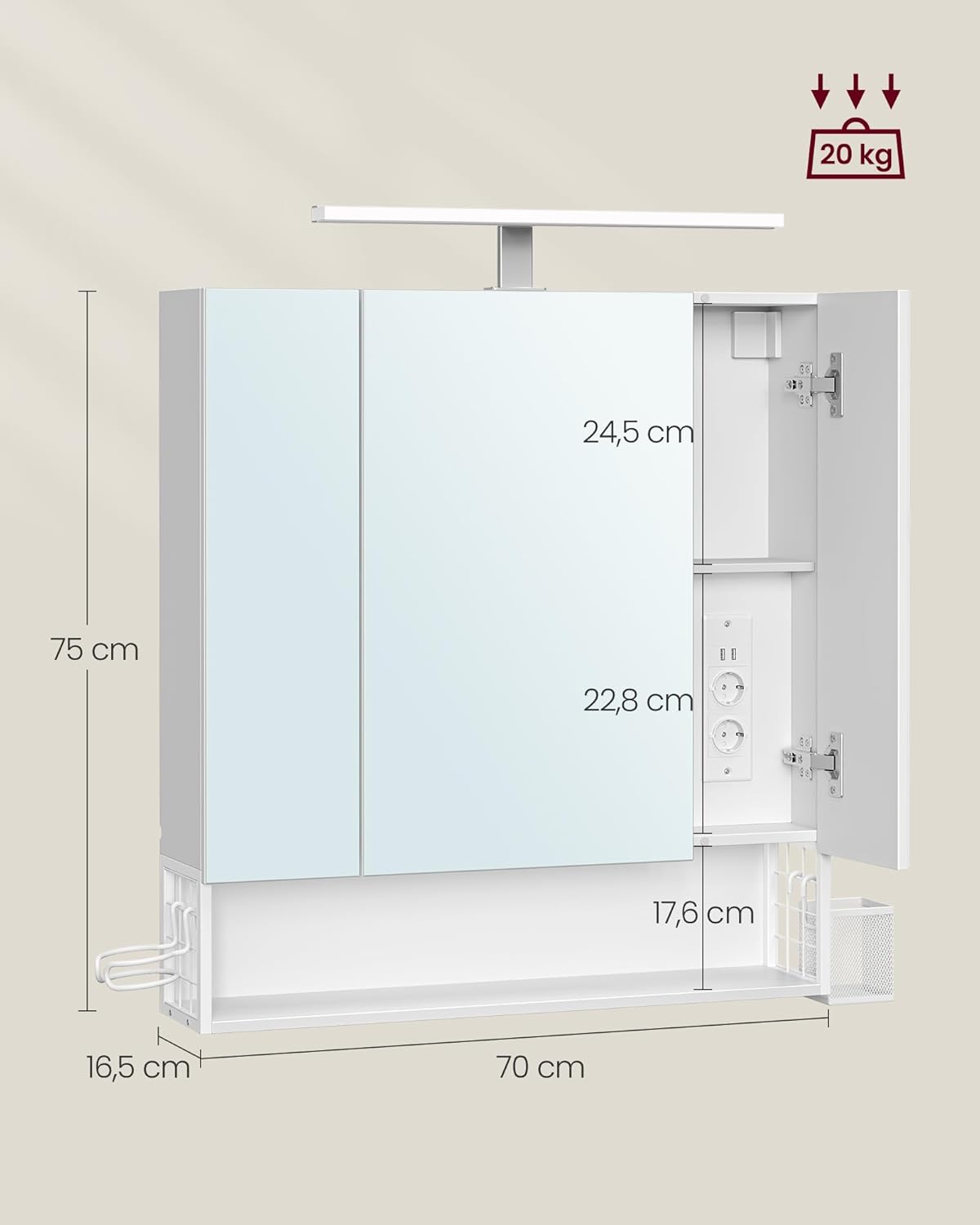 VASAGLE Dulap de baie de perete, cu oglinda si LED, prize si USB incorporate, 70x16x75 cm, alb